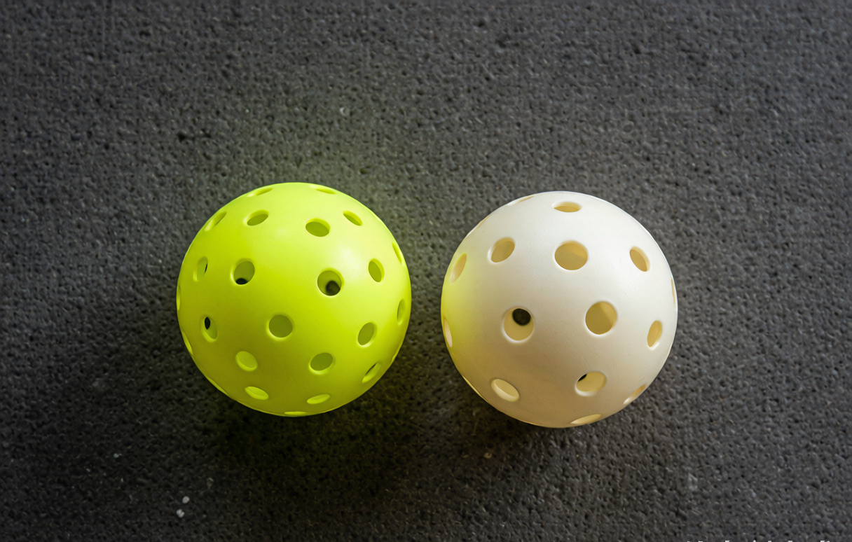 Two pickleball balls side by side on a concrete surface: an outdoor ball with small holes next to an indoor ball with larger holes