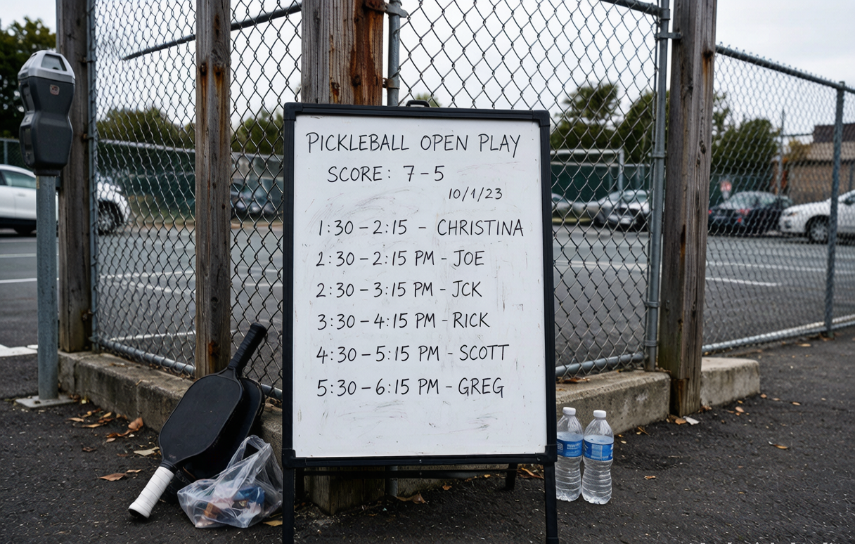 A handwritten sign at a community pickleball court area with paddles and a score written on it