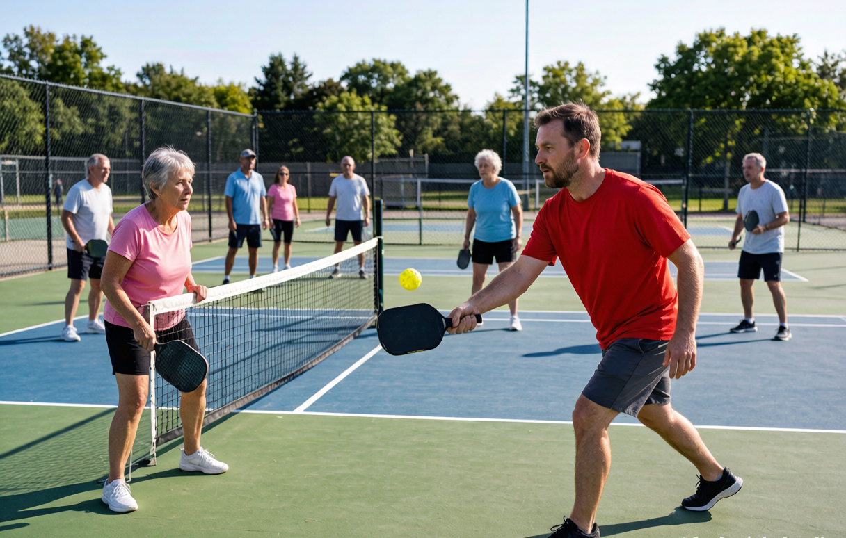 A group of people playing doubles pickleball on an outdoor court on a sunny morning