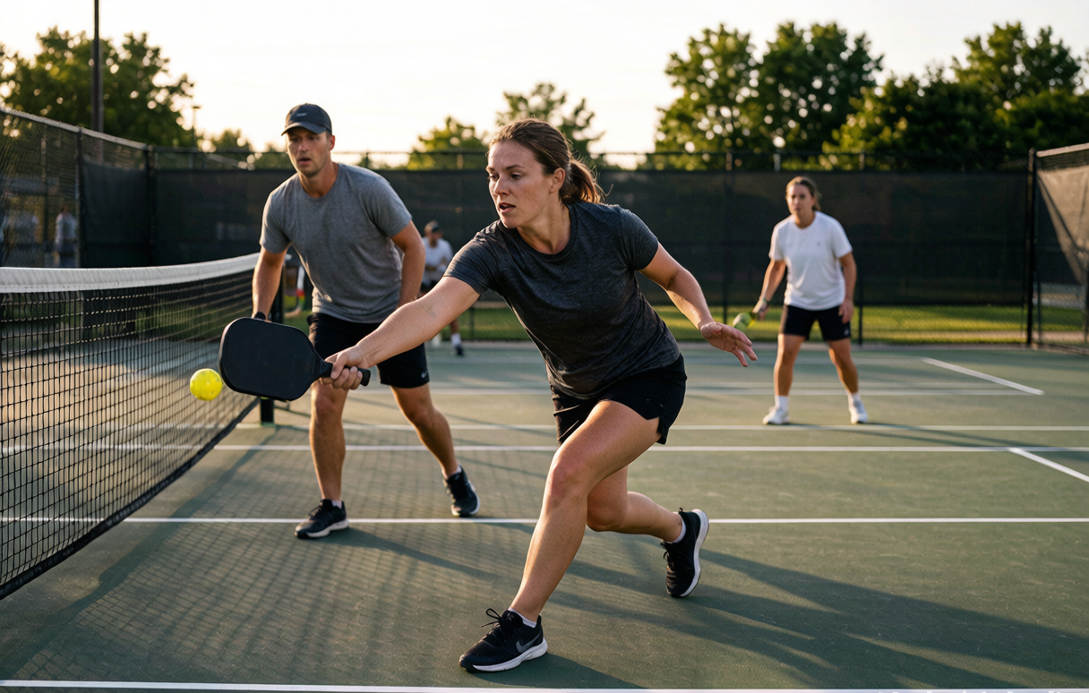 A pickleball player at the kitchen line reaching forward to hit a low volley during a doubles rally