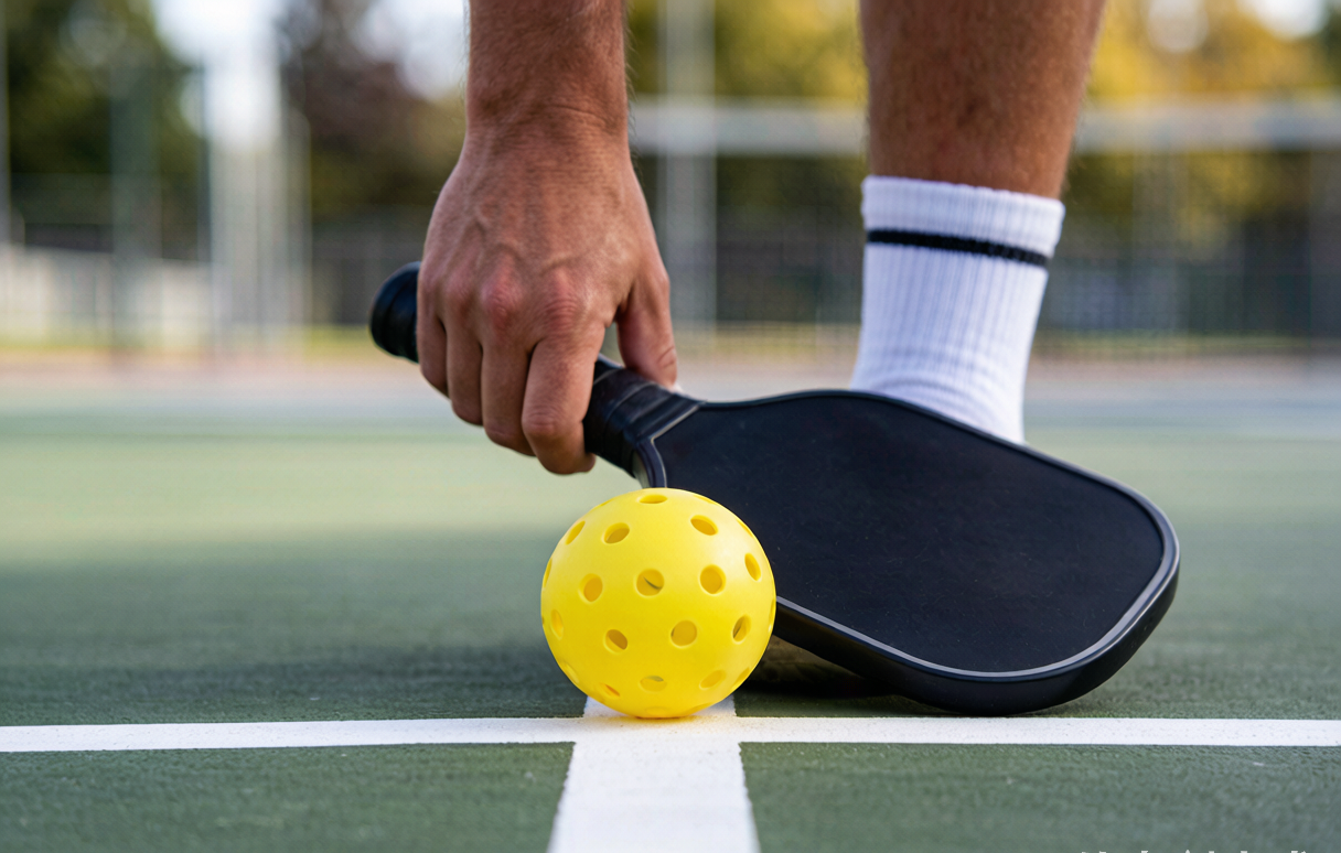 A close-up of a hand holding a pickleball paddle and a yellow pickleball on the court line