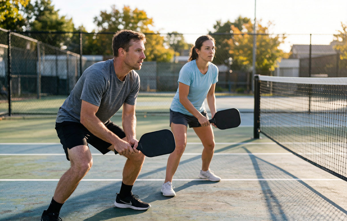 Two pickleball players at the kitchen line trading soft dink shots over the net
